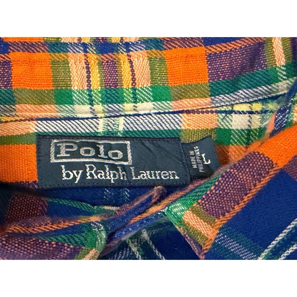 Polo Ralph Lauren‎ Mens Blue Orange Plaid Flannel Pearl Snap Western Shirt Large